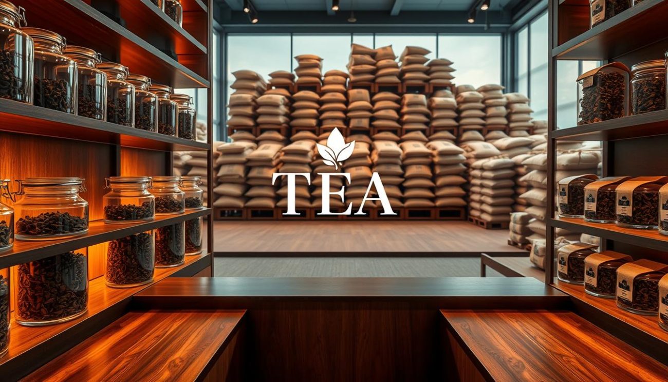 Intricate custom tea branding, with a sleek and modern design showcasing a premium tea product. Warm amber lighting illuminates elegant glass jars filled with fresh tea leaves, casting soft shadows on the polished wooden shelves. In the background, rows of stacked tea crates and burlap sacks, ready for distribution, hint at the brand's commitment to quality and global reach. The overall composition exudes a sense of refinement, craftsmanship, and the promise of a sophisticated tea drinking experience.