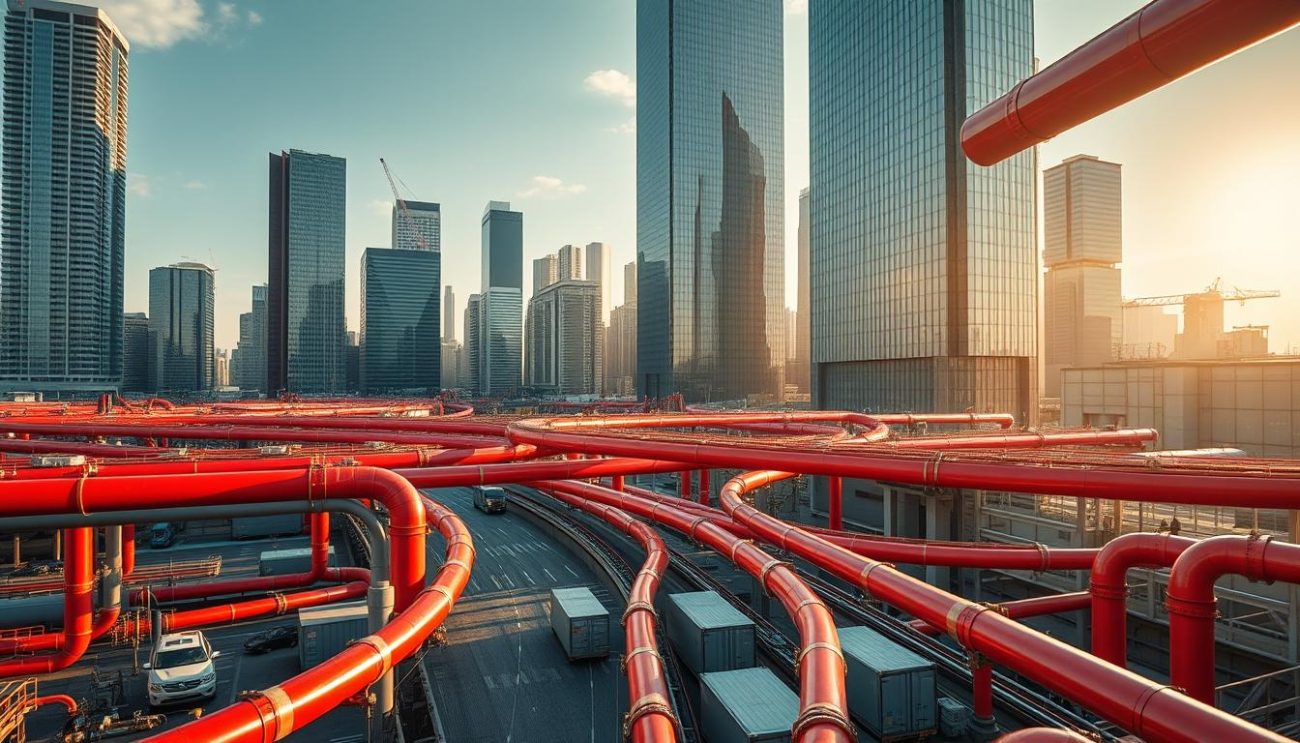 Intricate network of efficient distribution channels, with vibrant red pipelines snaking through a sleek, modern cityscape. Fluid logistics flow in a harmonious dance, transporting goods swiftly and seamlessly. Towering skyscrapers in the background, casting long shadows over the well-organized transport hubs below. Gentle, warm lighting illuminates the scene, conveying a sense of productivity and reliability. The overall composition exudes a professional, forward-thinking atmosphere, perfectly capturing the benefits of a robust distribution system.