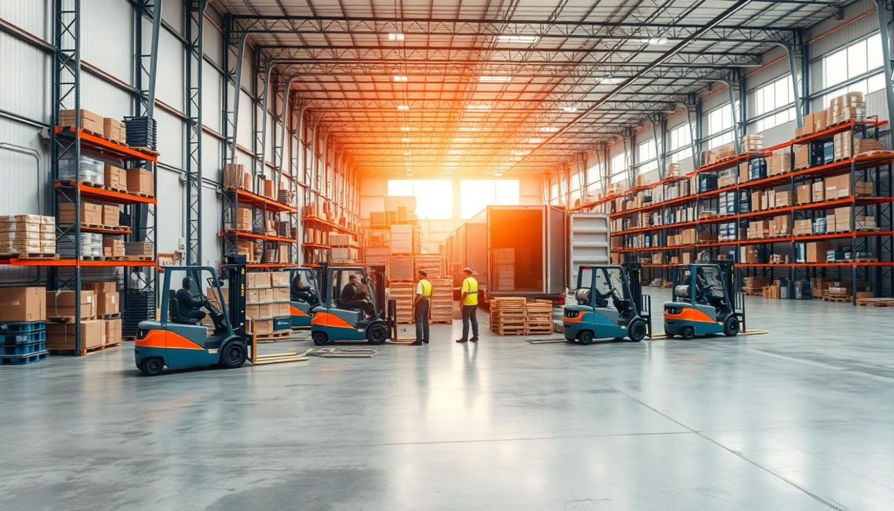 Logistics and distribution warehouse interior, with forklifts efficiently moving pallets of goods across a vast open floor. Bright, diffused lighting filters through large windows, casting a warm glow on the bustling activity. Shelving units line the walls, neatly organized with crates and boxes. In the foreground, a team of workers coordinate the loading of a delivery truck, ensuring seamless and timely distribution. The atmosphere conveys a sense of precision, productivity, and unwavering reliability.