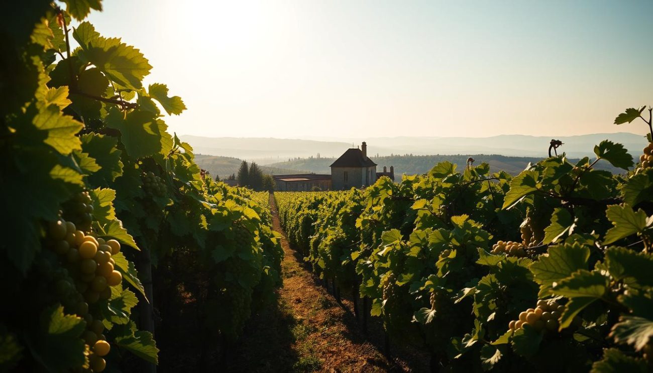 Lush, verdant vineyards under a warm, golden sun, rows of ripe, plump grapes gently swaying in the gentle breeze. In the foreground, skilled workers carefully tend to the vines, pruning and harvesting the precious fruit. The middle ground reveals the winery, a timeless stone structure where the grapes are expertly crushed and fermented into the finest cognac. In the distance, rolling hills and a hazy blue sky create a serene, picturesque backdrop, evoking the essence of the French countryside. Soft, diffused lighting casts a warm, inviting glow over the entire scene, capturing the artistry and tradition of the cognac-making process.