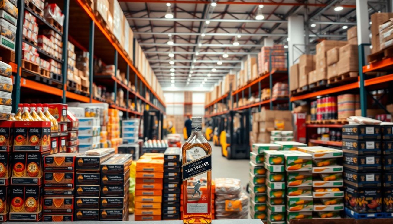 Magnificent wholesale offers from Zeki Frucht GmbH showcased in a well-lit, modern warehouse setting. Rows of neatly stacked products, vibrant colors, and clean lines create an atmosphere of efficiency and quality. In the foreground, a display of Johnnie Walker Platinum Label bottles takes center stage, their premium branding and elegant design catching the eye. The middle ground features other assorted food and beverage items, hinting at the diverse wholesale offerings. The background is filled with industrial shelving, forklifts, and other logistics equipment, conveying the scale and professionalism of the wholesale operation. Overall, a visually striking image that captures the essence of Zeki Frucht GmbH's wholesale deals.