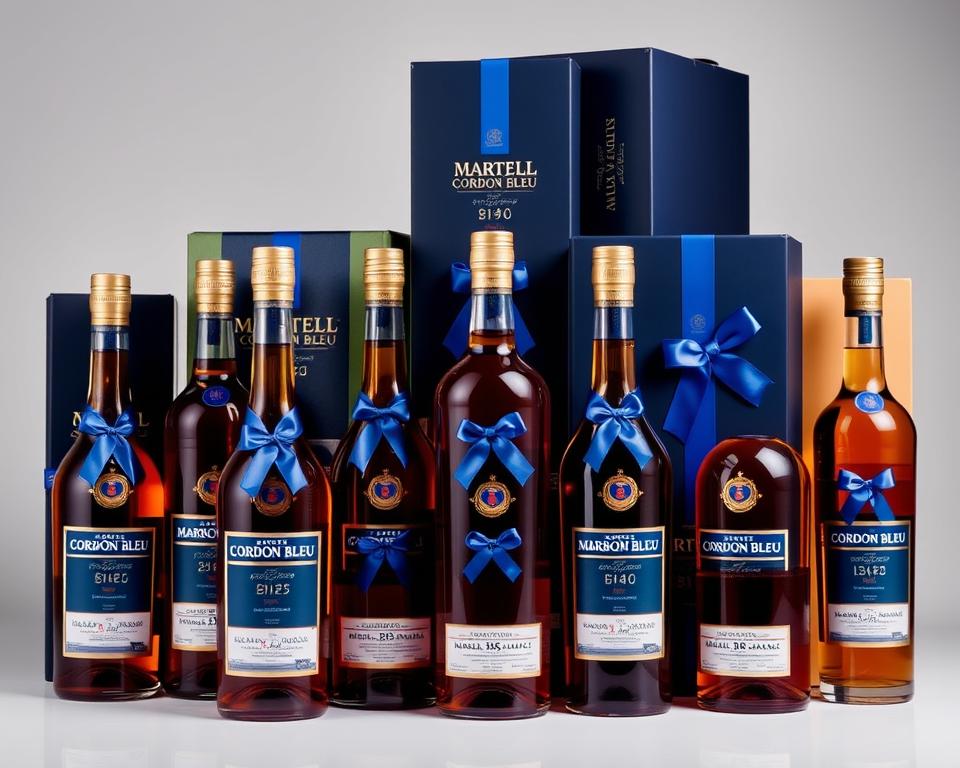 Martell Cordon Bleu Cognac bottles and gift boxes arranged for wholesale distribution