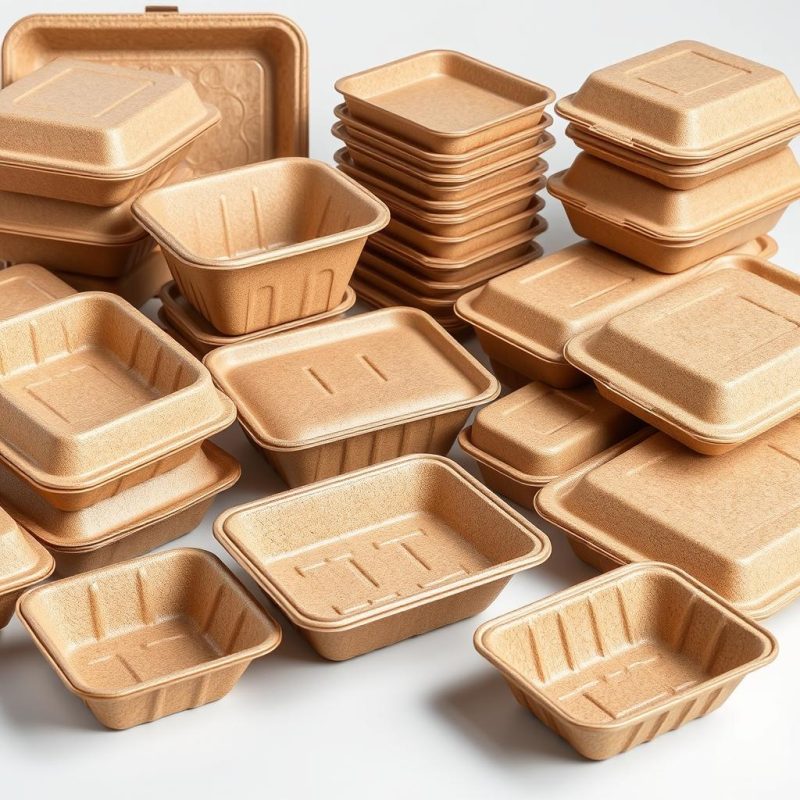 Molded fiber pulp packaging trays and containers for sustainable food service