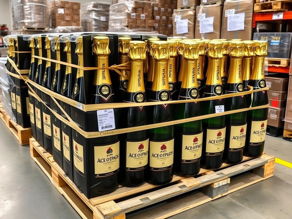 Palletized Ace of Spades Champagne cases being prepared for air freight shipping to international destinations