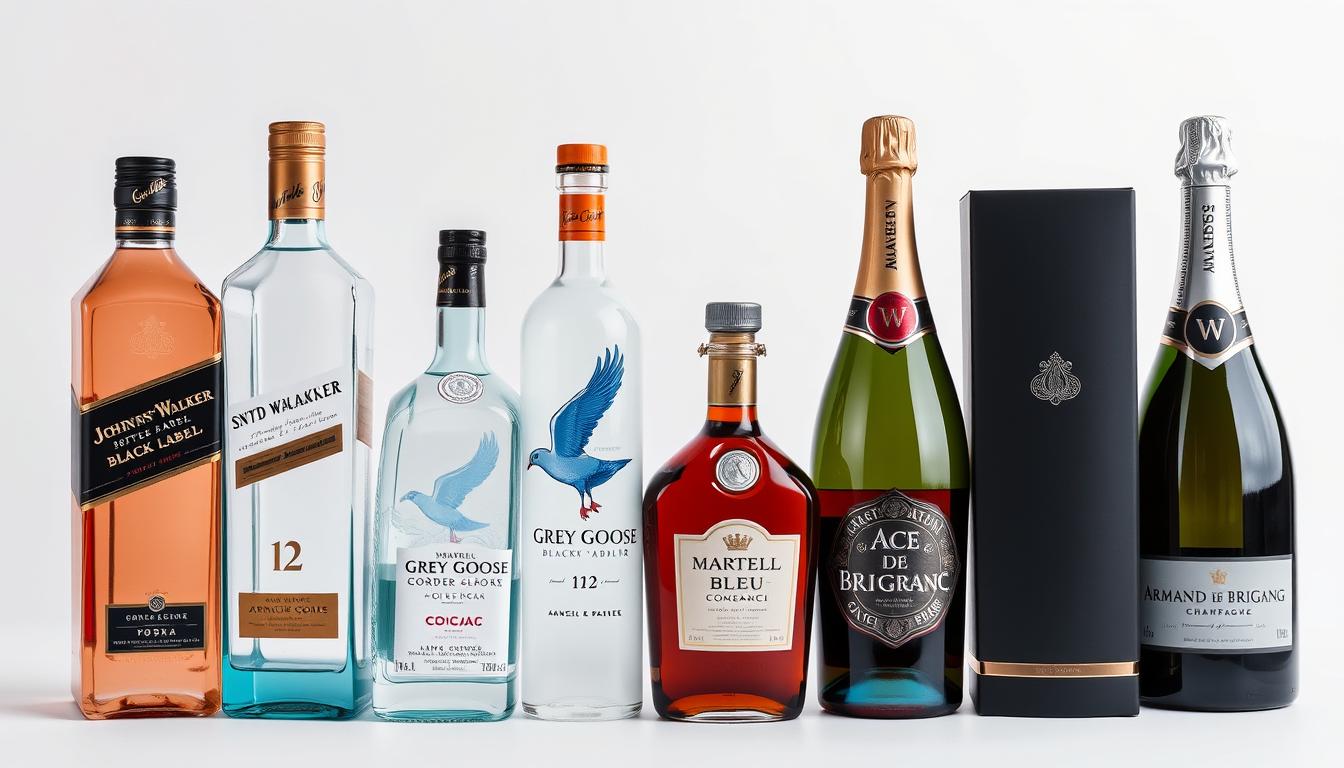 Premium alcohol bottles including Johnnie Walker Black Label, Grey Goose Vodka, Martell Cognac and Ace of Spades Champagne arranged for wholesale distribution