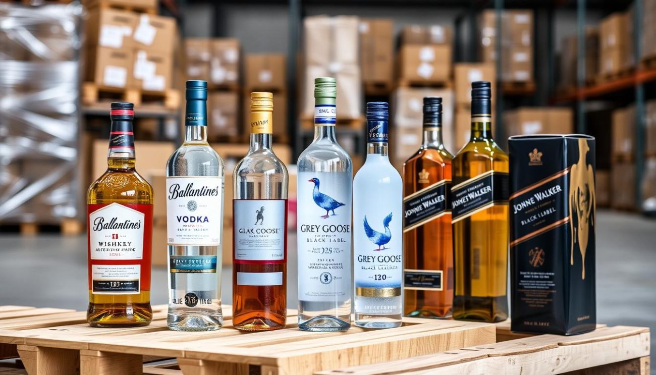 Premium liquor bottles including Ballantine's, Grey Goose, and Johnnie Walker arranged on wooden pallets ready for bulk shipping