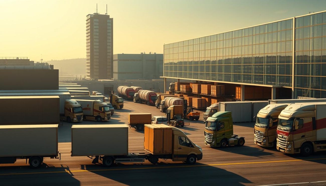 Prompt A modern logistics and delivery scene showcasing the seamless flow of goods. In the foreground, a fleet of sleek delivery vans and trucks in the signature Johnnie Walker colors stand ready to transport packages. The middle ground features a bustling warehouse operation, with forklifts maneuvering pallets and workers carefully loading cargo. In the background, a towering distribution center stands tall, its glass facade reflecting the efficient integration of technology and human effort. Soft, directional lighting casts long shadows, creating a sense of momentum and progress. The overall atmosphere conveys a well-oiled, reliable logistics system that ensures timely and secure delivery of the finest Johnnie Walker Platinum Label products.