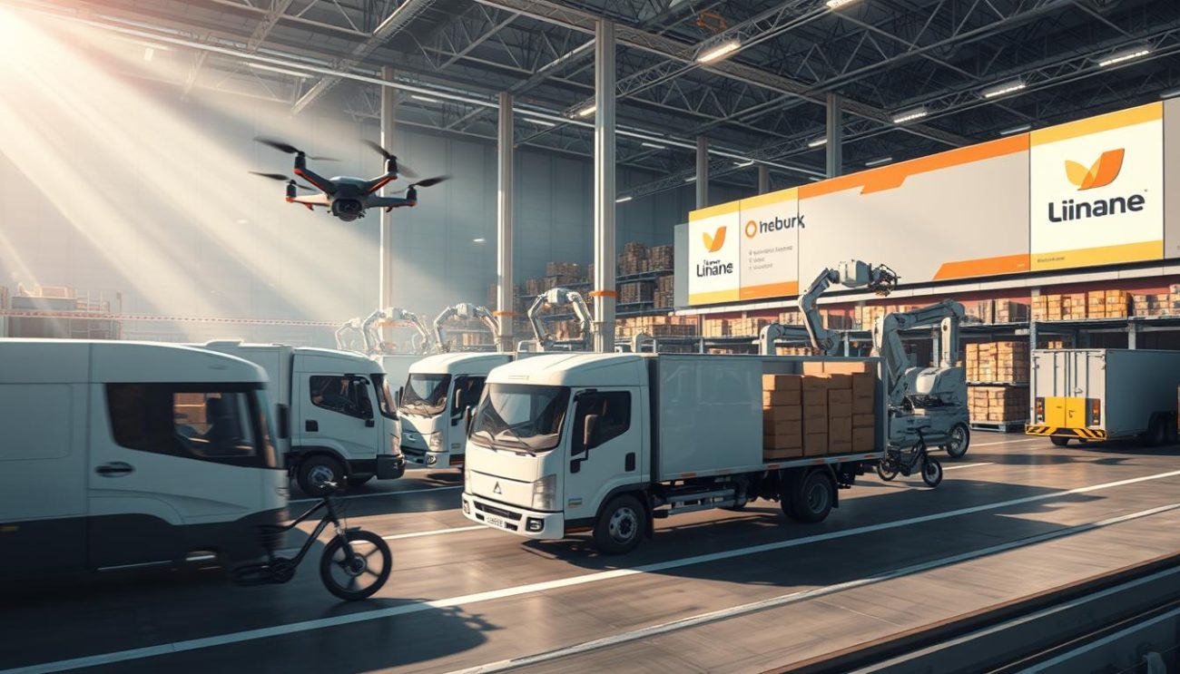 Prompt A modern logistics hub with sleek delivery trucks, hovering drones, and futuristic conveyor belts. The foreground features an array of fast delivery options - from a speedy e-bike courier to a drone rapidly ascending with a package. The middle ground showcases an automated sortation center, with robotic arms efficiently organizing and dispatching orders. In the background, a sprawling distribution warehouse bustles with activity, its exterior adorned with bold brand imagery. Bright, directional lighting illuminates the scene, casting dynamic shadows and creating a sense of energy and efficiency. The overall mood conveys a technologically advanced, streamlined delivery system that can meet the demands of modern commerce.