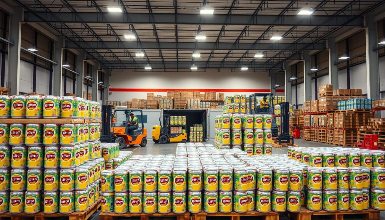 Prompt A modern warehouse interior, brightly lit by overhead lights. In the foreground, stacks of Lipton Ice Tea cans are neatly arranged on sturdy pallets, ready for bulk order pickup. The middle ground features forklifts and workers efficiently loading the pallets onto delivery trucks, highlighting the seamless logistics. The background showcases the scale of the operation, with rows of shelving and additional pallets awaiting distribution. The scene conveys a sense of organization, cost-effectiveness, and the benefits of bulk ordering for commercial customers.