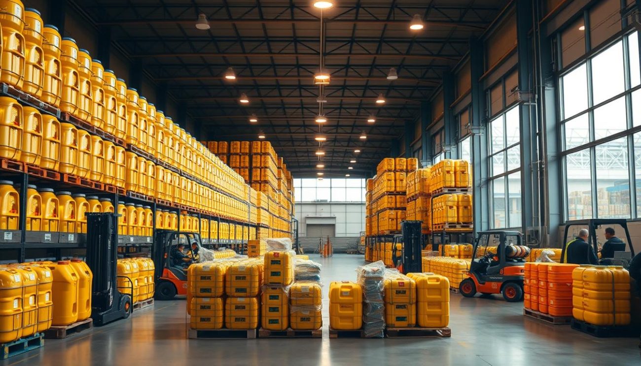 Prompt A spacious, well-lit warehouse interior, with shelves and pallets stacked high with large canisters of golden-hued canola oil. Forklifts and workers in uniforms efficiently move merchandise, conveying a sense of reliable, large-scale distribution. Warm lighting from overhead fixtures casts a soft glow, creating an atmosphere of professionalism and trustworthiness. The foreground showcases neatly arranged samples and product displays, inviting potential customers to examine the high-quality canola oil. In the background, large windows provide a glimpse of a bustling logistics yard, suggesting a well-connected, global supply chain. The overall impression is one of a reputable, established wholesale operation capable of meeting the diverse needs of businesses across Europe.