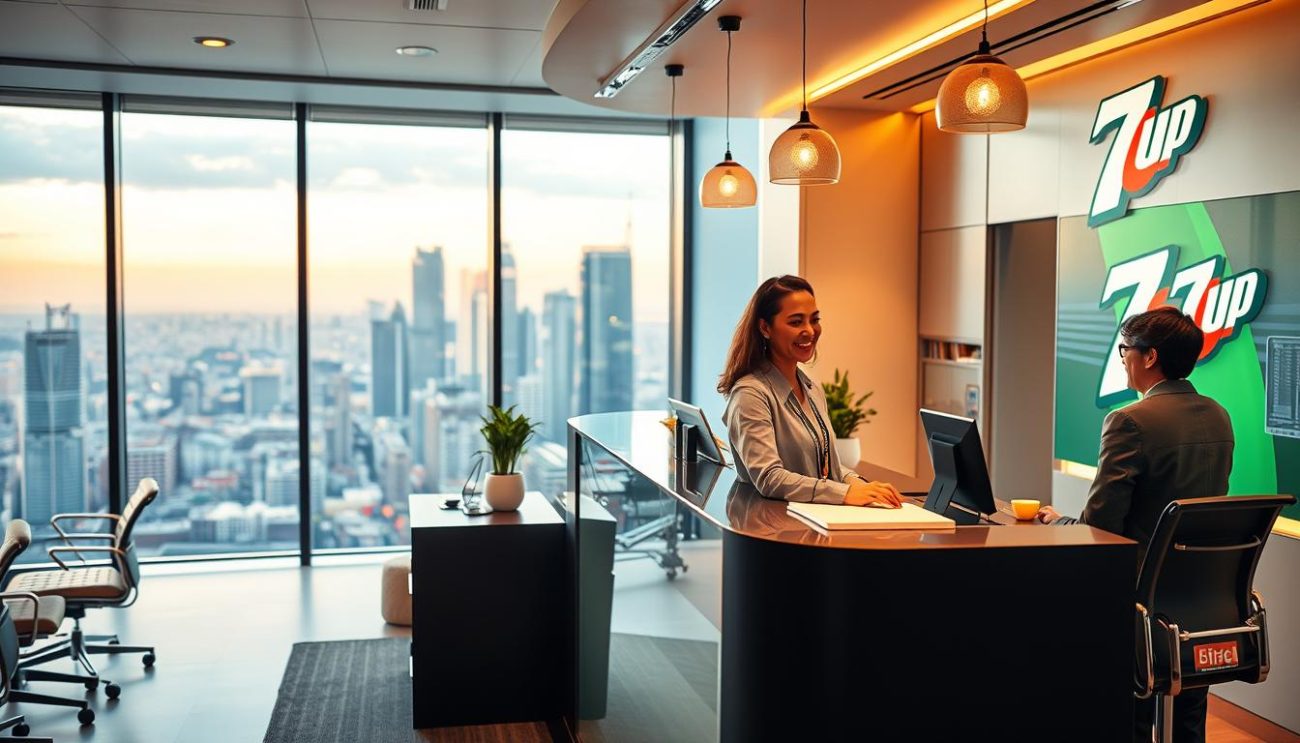 Prompt A vibrant and welcoming customer service scene, with a warm, inviting atmosphere. In the foreground, a smiling customer service representative stands behind a sleek, modern service counter, engaging with a satisfied customer. The middle ground features a clean, organized office space with ergonomic furniture and soft lighting. The background showcases a panoramic view of a bustling city skyline, with the 7Up logo prominently displayed on the building façade, conveying a sense of professionalism and reliability. The overall composition evokes a sense of exceptional customer care, attention to detail, and a commitment to customer satisfaction.