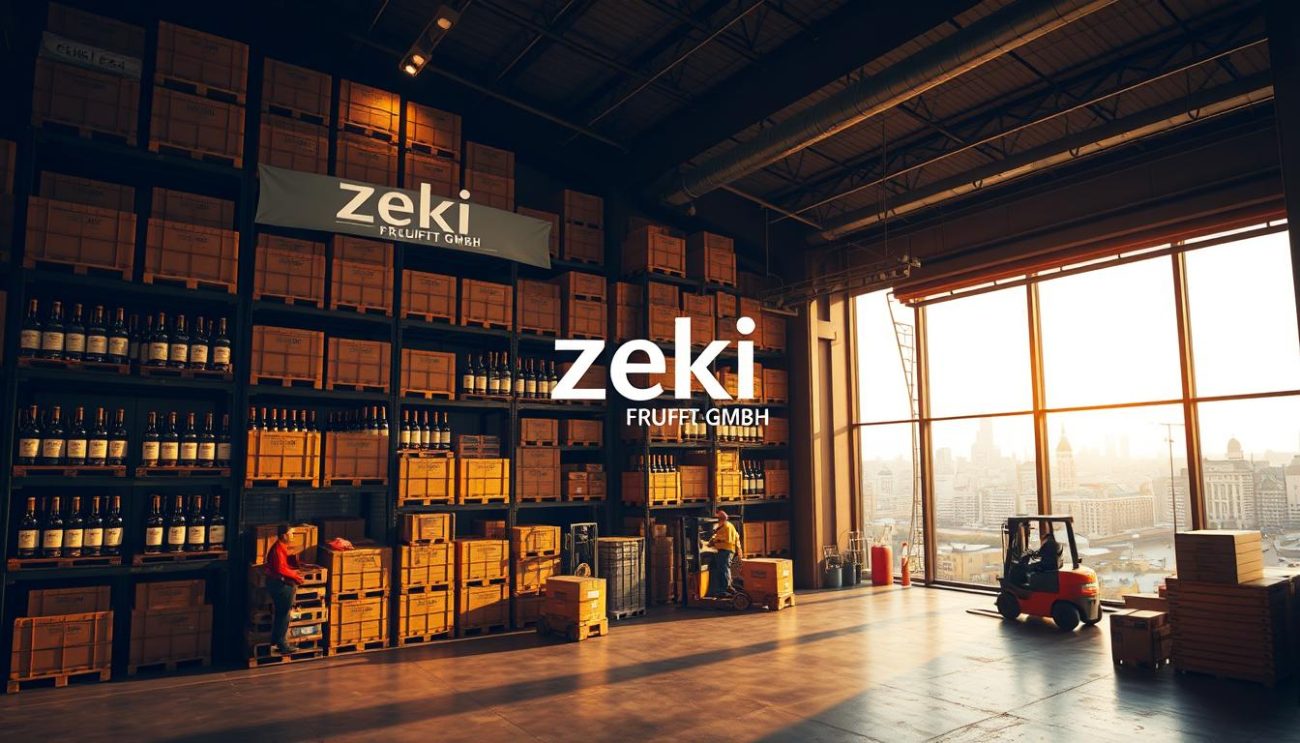 Prompt A warehouse interior with towering shelves stocked with crates and bottles of fine whisky, the Zeki Frucht GmbH logo prominently displayed. Warm, golden lighting illuminates the scene, casting a cozy, inviting atmosphere. Forklift trucks and workers meticulously handling the inventory, showcasing the efficient distribution operations. In the foreground, a large window offers a glimpse of the bustling city outside, reinforcing the company's strategic location and reliable delivery network. The overall impression conveys a sense of professionalism, quality, and trustworthiness befitting a leading whisky distributor.