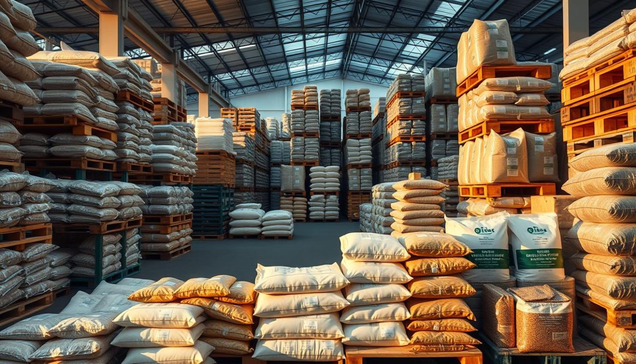 Prompt A well-organized warehouse filled with stacked pallets and crates showcasing a diverse array of functional ingredients. The scene is bathed in warm, diffused lighting, casting gentle shadows that highlight the textures and shapes of the various packages. In the foreground, an array of neatly arranged bags and jars containing powders, extracts, and concentrates, each labeled with clear, informative branding. The middle ground features towering stacks of larger containers, their contents ready to be shipped out to meet the versatile needs of customers. In the background, the warehouse's pristine, modern infrastructure provides a sense of efficiency and professionalism, reflecting the company's commitment to quality and reliability.