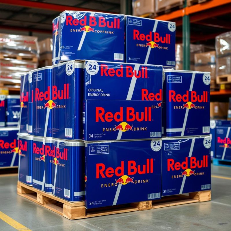 Red Bull Original Energy Drink wholesale cases stacked on pallet Red Bull Original Energy Drink wholesale cases stacked on pallet