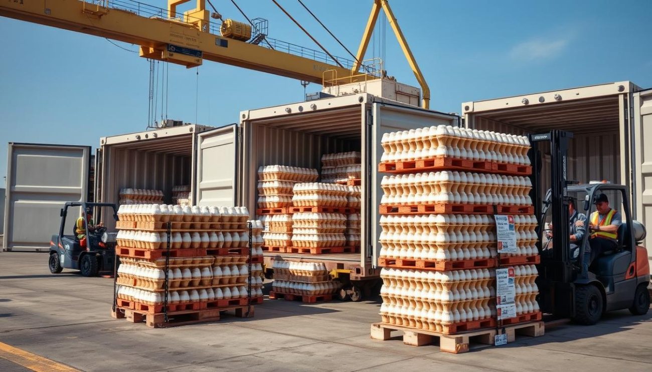 Refrigerated shipping containers being loaded with fresh table eggs wholesale