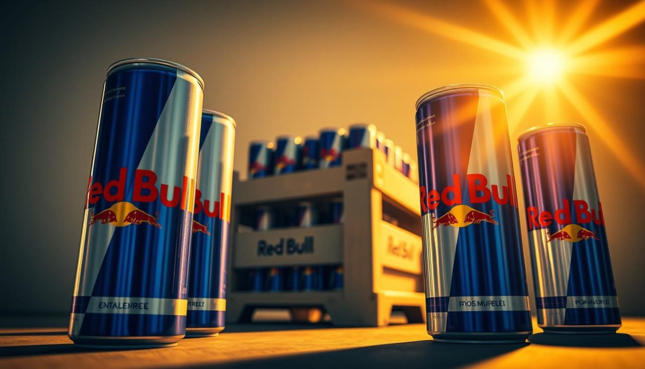 Stunningly detailed export-ready Red Bull Energy Drink products, bathed in warm golden light and captured from a dynamic low-angle perspective. Pristine cans with the iconic Red Bull branding stand prominently in the foreground, showcasing their sleek metallic finish and vibrant colors. In the middle ground, a crate filled with additional cans hints at the product's availability and accessibility. The background features a clean, minimalist backdrop, allowing the energy drink to take center stage. The overall scene radiates a sense of quality, reliability, and readiness for global distribution, perfectly aligning with the "Export-Ready Products" section of the article.