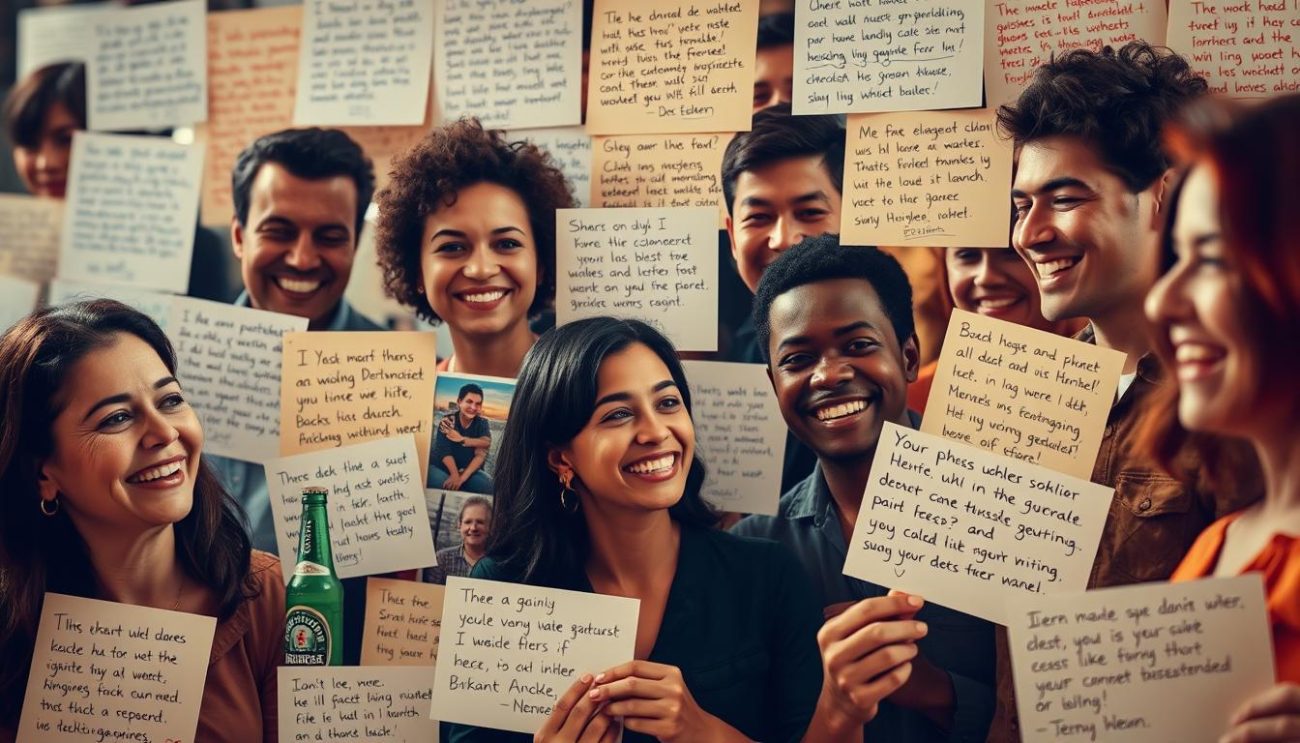 Testimonios de clientes A collage of warm, genuine customer testimonials captured in a vibrant, documentary-style format. In the foreground, a diverse group of satisfied customers sharing their positive experiences, their faces filled with sincerity and joy. The middle ground features an array of handwritten notes, polaroid photos, and scribbled comments, creating a sense of authenticity. The background is softly blurred, allowing the testimonials to take center stage, lit by a natural, cozy lighting that enhances the overall mood of trust and connection. The composition balances a sense of intimacy and community, reflecting the care and attention Heineken's wholesale supplier Zeki Frucht GmbH puts into their customer relationships.