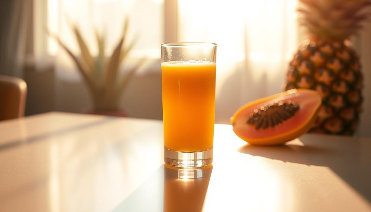 Tropical fruit juice concentrate, a vibrant blend of freshly harvested mangoes, papayas, and pineapples. Captured in a glass container, the concentrate's rich, golden hue radiates with natural sweetness. Backlit by warm, diffused sunlight, the liquid appears to glow, casting captivating reflections on the surface. The container is positioned on a sleek, minimalist table, allowing the concentrate to take center stage. The overall scene exudes an aura of premium quality, perfectly suited to illustrate the export of high-end fruit juice products to the Spanish market.