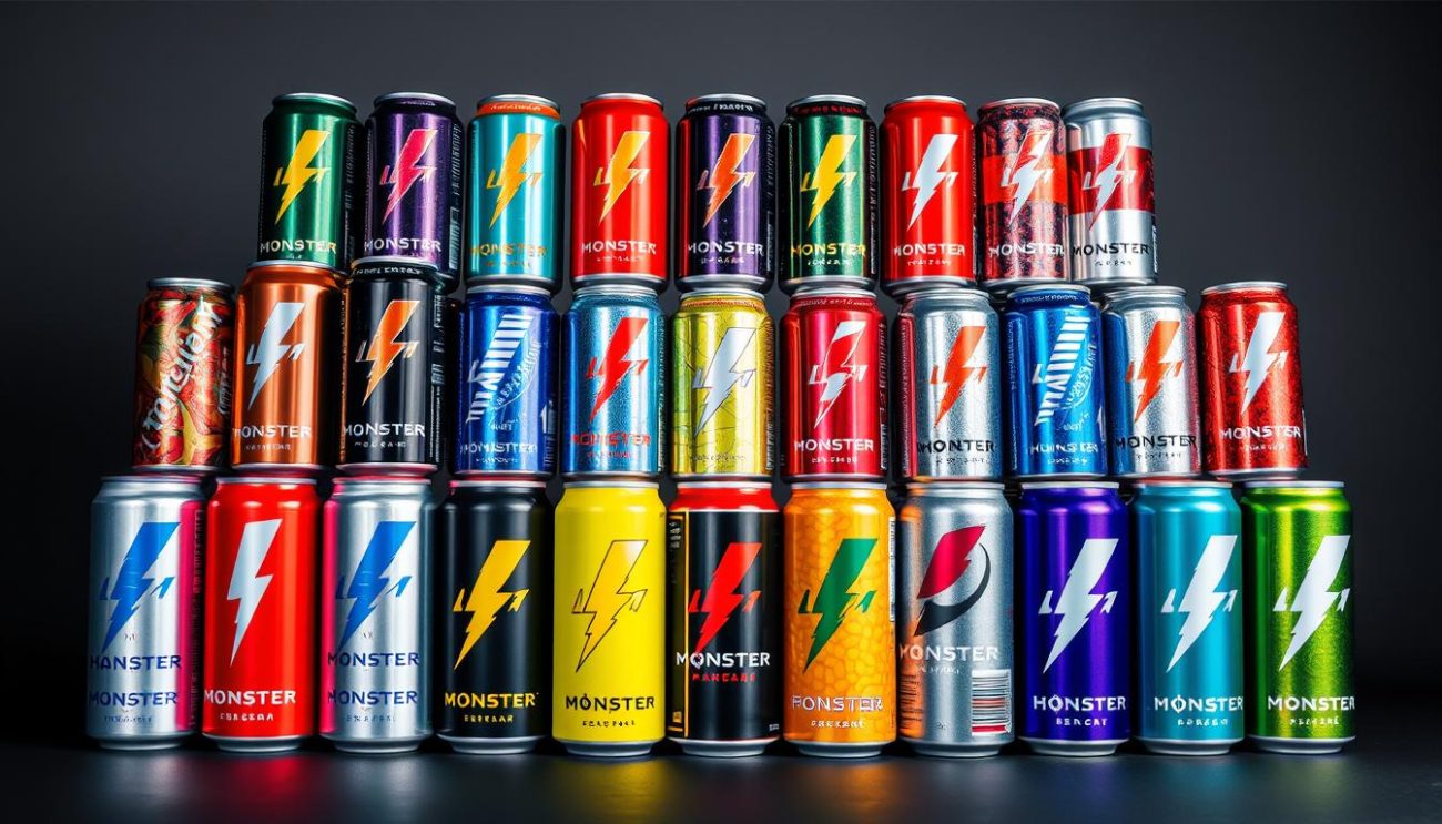 Vibrant array of energy drink cans arranged in a strategic grid, showcasing a range of competitive pricing options. Sleek product photography against a neutral background, with dramatic chiaroscuro lighting to accentuate the dynamic colors and textures. Carefully curated selection of popular brands, each can meticulously positioned to highlight their unique selling points. The overall composition conveys a sense of market analysis, highlighting the nuances of pricing strategies within the energy drink industry.