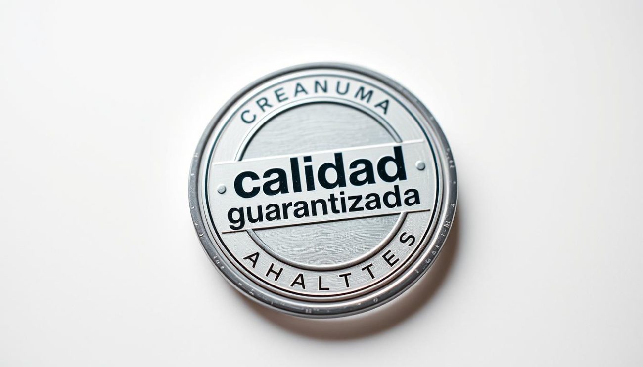 Vibrant product shot of a premium quality stamp or seal design with the Spanish text "calidad garantizada" (guaranteed quality) prominently displayed in the center. The stamp has a sleek, modern aesthetic with crisp typography and a metallic, embossed texture. The background is a clean, minimalist white or light gray, allowing the quality seal to take center stage. The lighting is soft and diffused, creating a high-end, professional feel. The camera angle is slightly elevated to give a sense of authority and importance to the quality assurance mark. The overall mood is one of reliability, trust, and attention to detail - key attributes for a top-tier juice supplier.