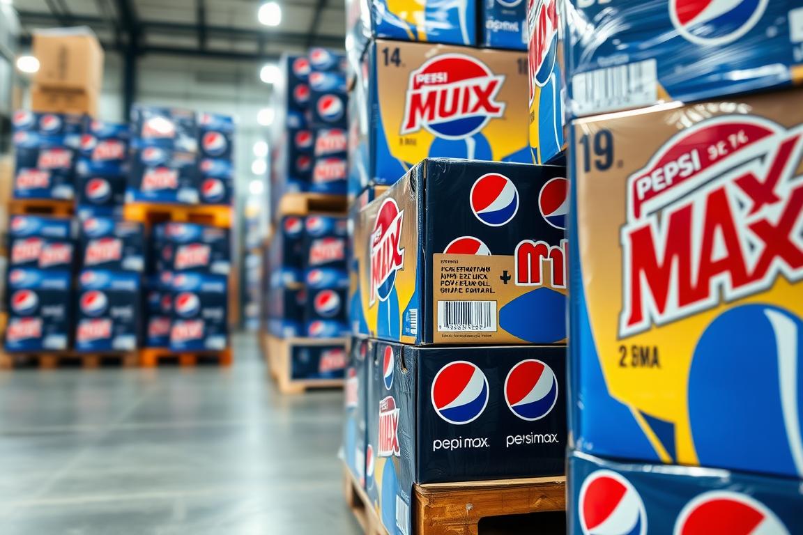 Wholesale Pepsi Max bulk packaging showing cases and pallets