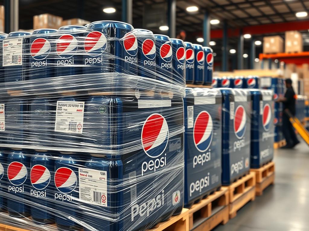Wholesale Pepsi pallets being prepared for shipping with proper export packaging