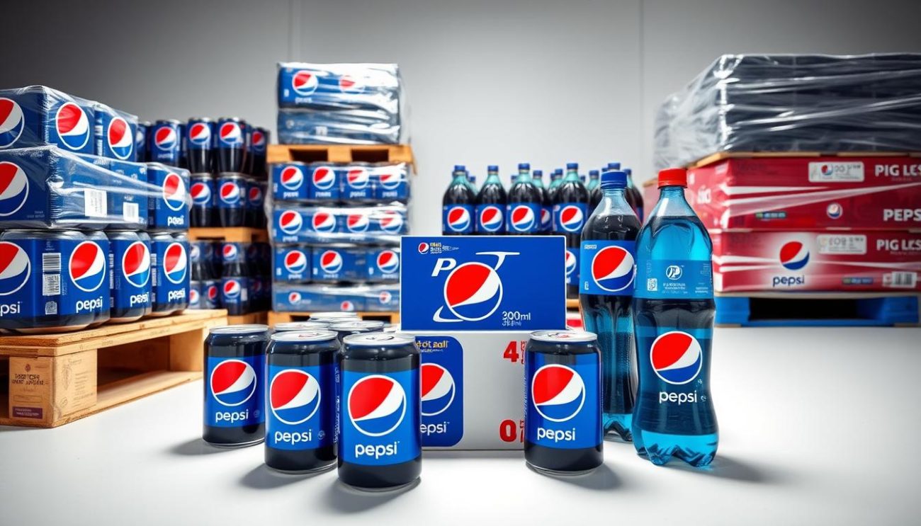 Wholesale Pepsi products including cans and bottles in bulk packaging