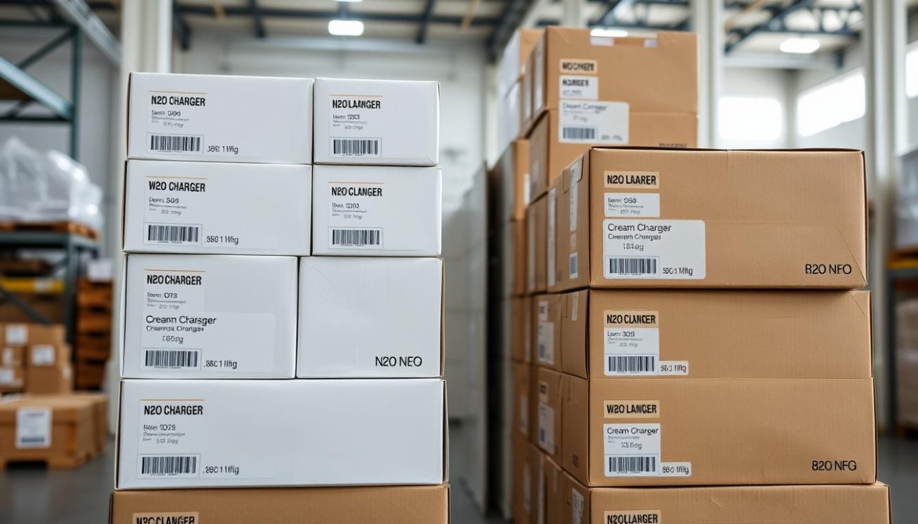 Wholesale cream chargers 8g and 16g boxes stacked in warehouse