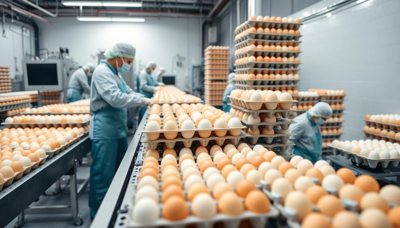 Wholesale egg packaging showing 30-egg trays and 360-egg cartons for fresh table eggs wholesale