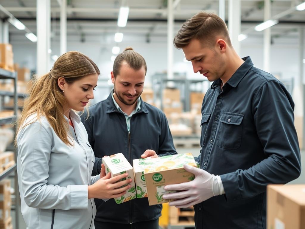 Zeki Frucht GmbH team members inspecting sustainable food packaging products for quality control