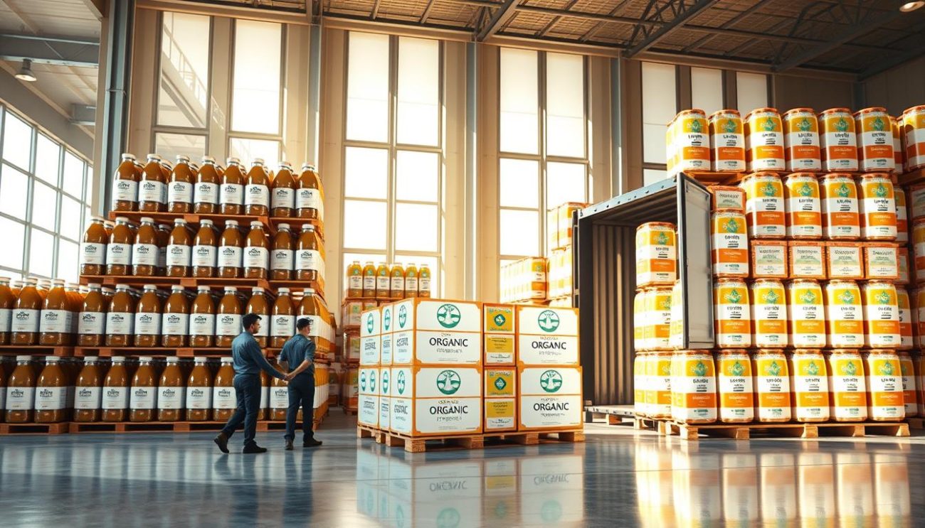 a 3D rendering of a pristine modern warehouse interior, with neatly stacked pallets of organic, sugar-free functional beverages in attractive glass bottles or cans, illuminated by warm, natural lighting filtering through large windows. The beverages feature clean, minimalist labels with simple typography and vibrant, appealing colors. In the foreground, a few workers in uniforms carefully load the pallets onto a delivery truck, showcasing the efficient logistics and distribution of these premium, health-conscious products. The overall atmosphere conveys a sense of quality, sustainability, and attention to detail in the craft soda industry.