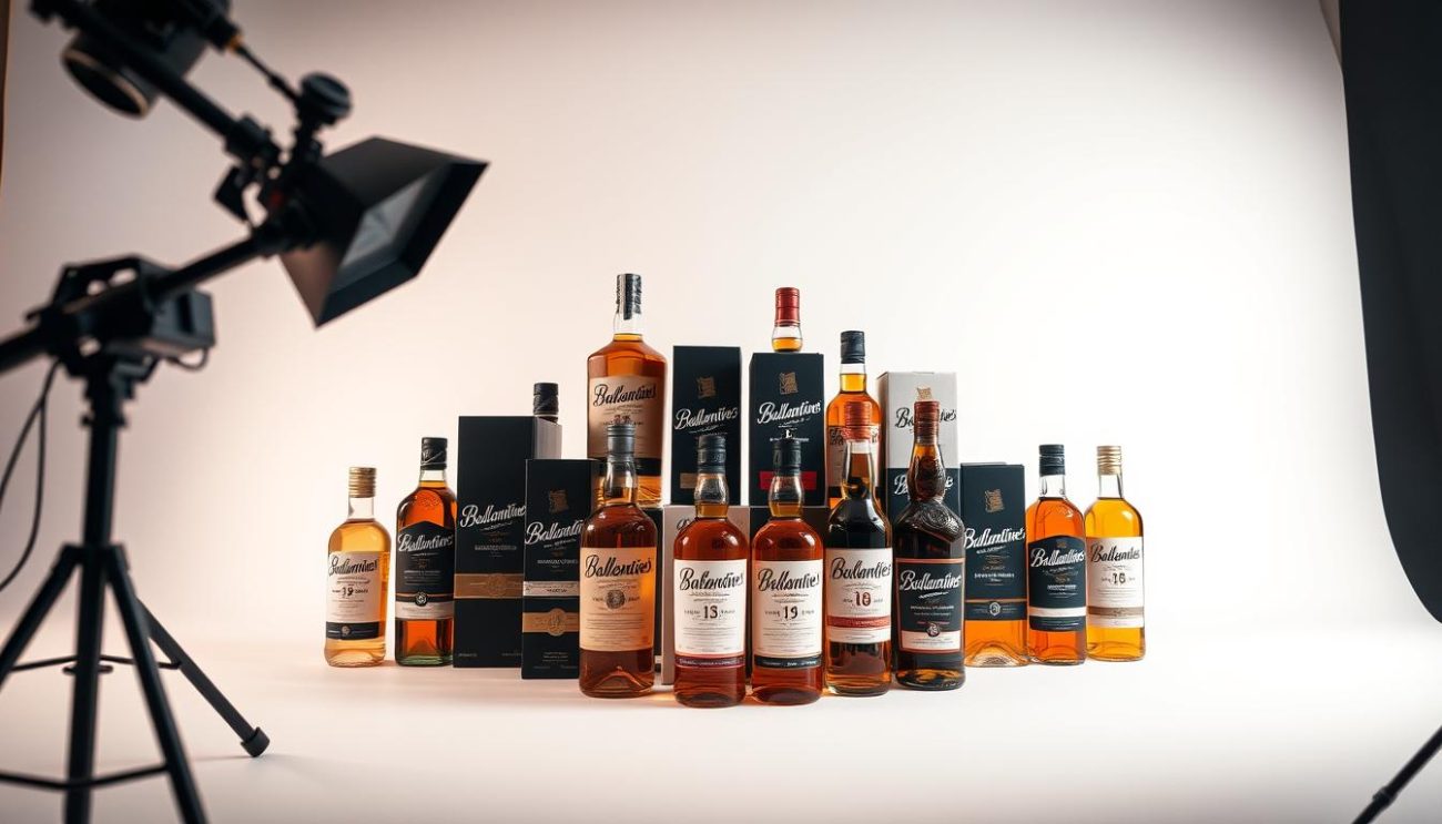 a detailed, high-quality product catalog for wholesale whisky, featuring Ballantine's brand, shot in a well-lit studio with a professional camera setup. The catalog showcases a variety of whisky bottles and packaging, arranged in an elegant and organized layout. The lighting is soft and natural, creating a warm and inviting atmosphere. The camera angle provides a clear, unobstructed view of the products, highlighting their quality and craftsmanship. The background is a clean, neutral color that allows the whisky to be the focal point. The overall composition and styling convey a sense of sophistication and attention to detail, reflecting the premium nature of the Ballantine's brand.
