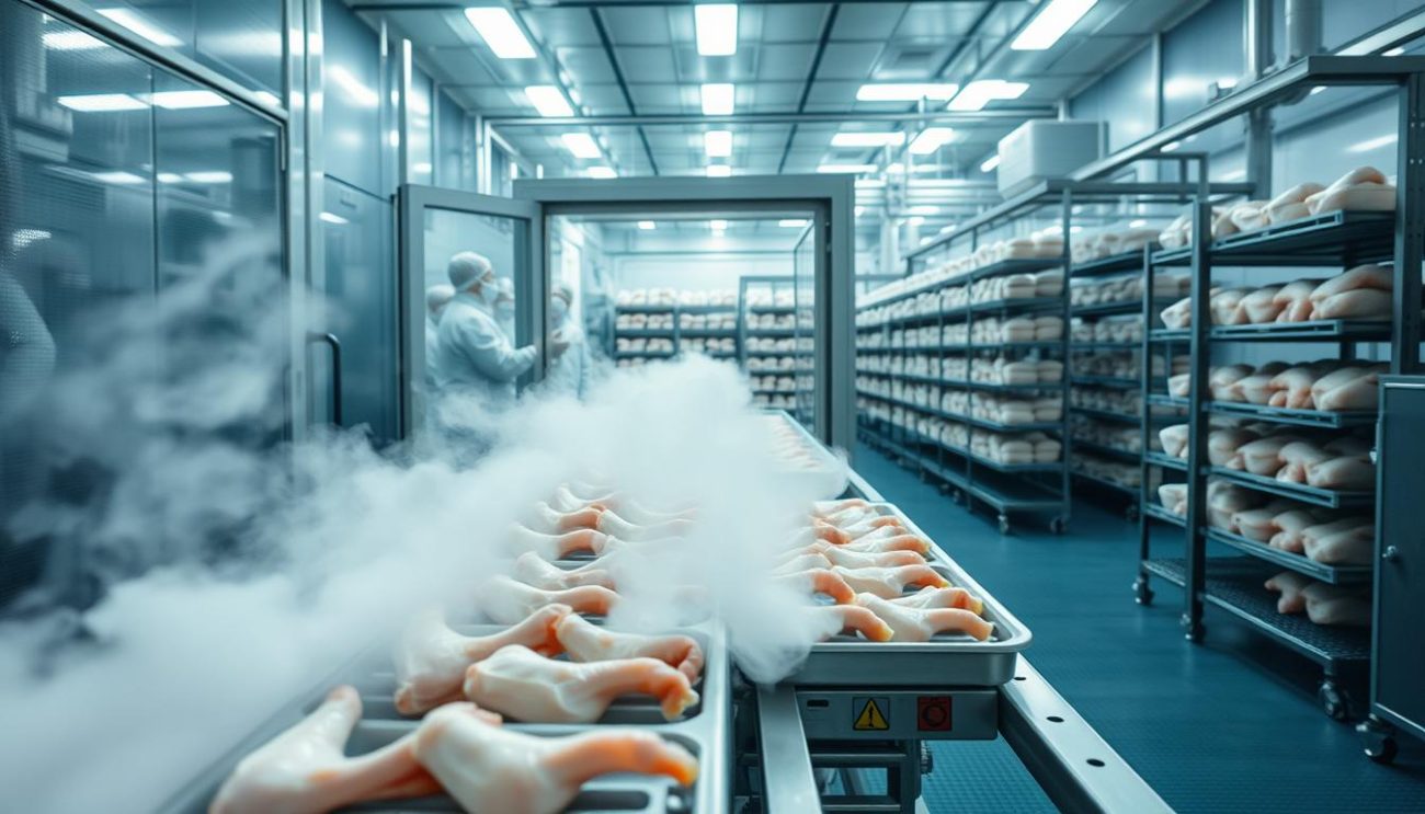 a high-quality, detailed image of a frozen food processing facility, with a focus on the freezing process. In the foreground, show a conveyor belt carrying trays of raw chicken feet moving into a large, industrial-style freezer, with thick clouds of vapor billowing out. The middle ground should depict the interior of the freezer, with rows of shelves and racks holding the frozen chicken feet, illuminated by bright, overhead lighting. In the background, showcase the overall production facility, with workers in protective gear, additional processing equipment, and a sense of scale and industrial efficiency. The mood should be one of precision, cleanliness, and state-of-the-art technology applied to the frozen food industry. Emphasize the professional, commercial nature of the "Oferta de Zeki Frucht GmbH" operation.