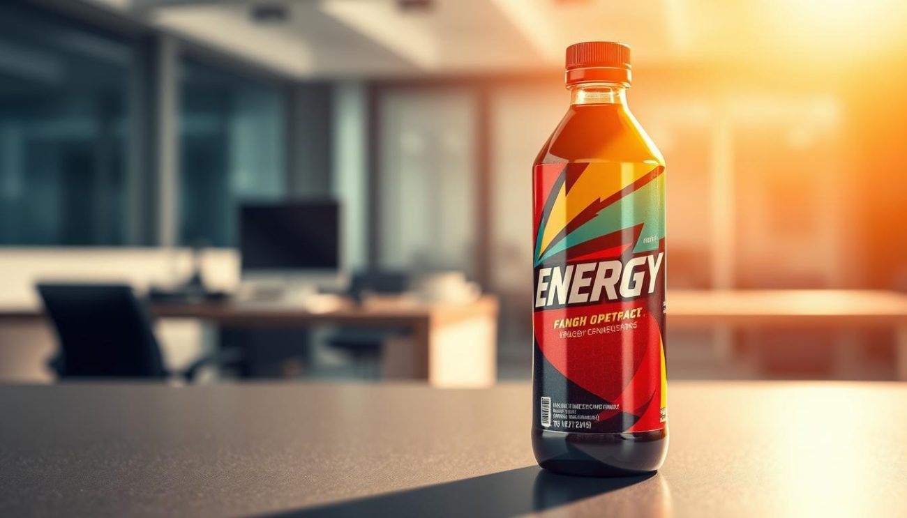 a high-quality, visually striking energy drink bottle, meticulously rendered with a glossy, reflective surface that captures the vibrant colors and bold graphics of a premium beverage product. The bottle is positioned prominently in the foreground, casting a subtle shadow and reflecting the warm, directional lighting that illuminates the scene. In the middle ground, a blurred backdrop of a modern, minimalist workspace or office setting suggests an atmosphere of productivity and focus, complementing the energizing qualities of the drink. The overall composition conveys a sense of sophistication, quality, and the promise of enhanced performance and alertness.