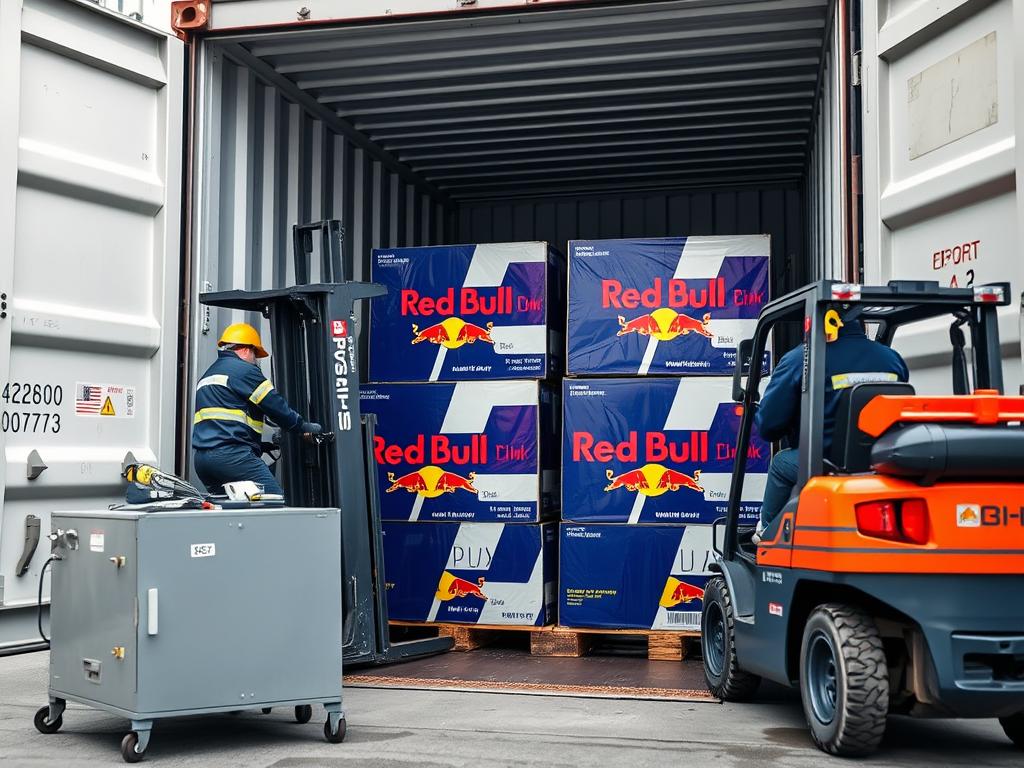 Temperature-controlled shipping container being loaded with Red Bull Energy Drink wholesale pallets