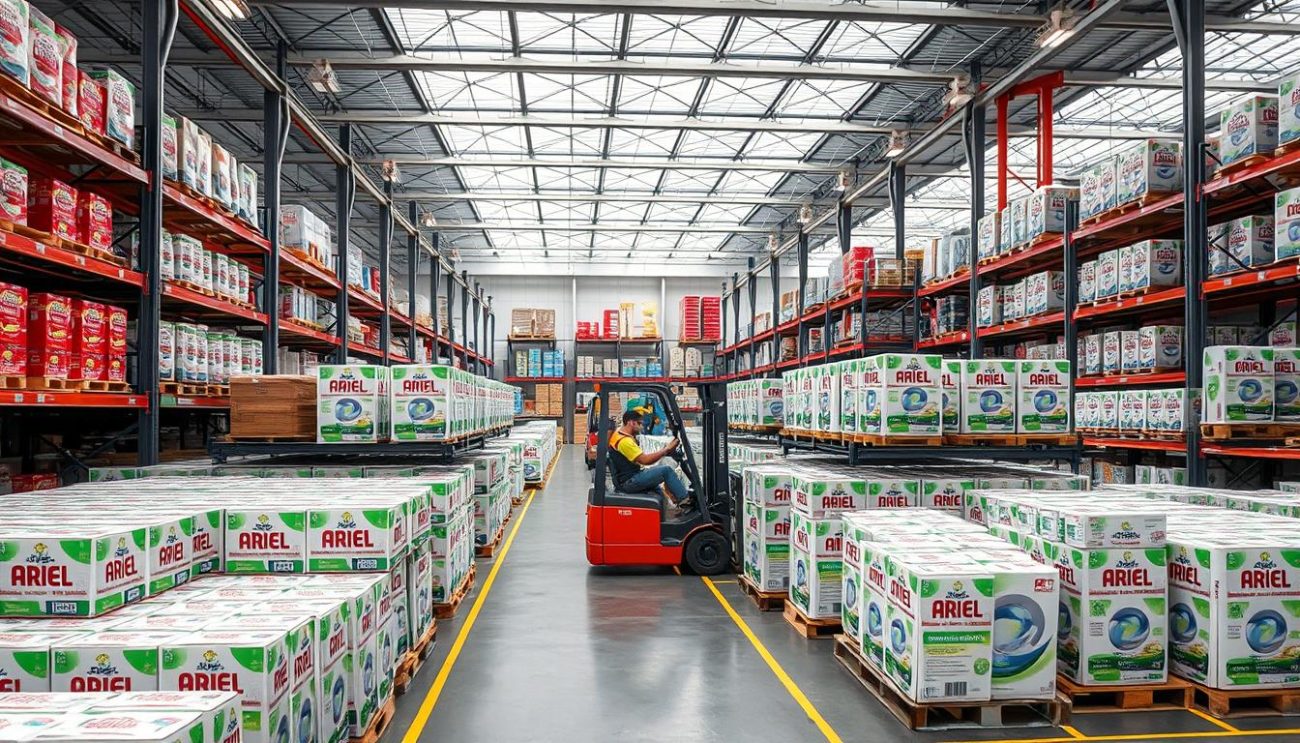 Zeki Frucht GmbH warehouse with Ariel detergent powder wholesale stock