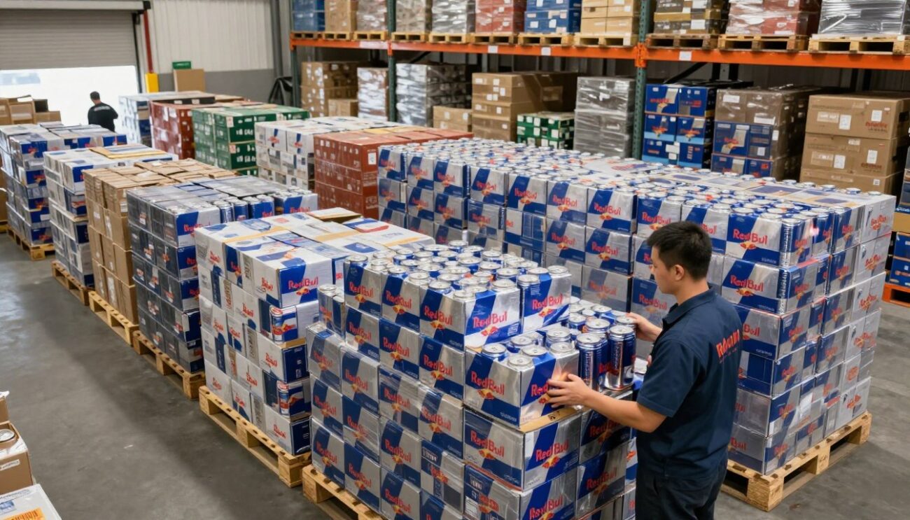 A bustling warehouse interior dedicated to logistics, filled with neatly stacked pallets of Red Bull products. In the foreground, a worker in a professional uniform inspects a pallet loaded with 24-can cartons of Red Bull, ensuring the order is ready for shipment. The middle of the scene showcases multiple rows of pallets, each displaying vibrant Red Bull cans, creating an organized yet dynamic environment. In the background, shelves are filled with additional inventory and a loading dock visible, indicating active logistics operations. High, bright industrial lighting enhances the energy of the space while casting soft shadows. The perspective is slightly elevated, capturing the expansive feel of the warehouse, embodying a professional and efficient atmosphere for wholesalers and distributors, focused on bulk supply.