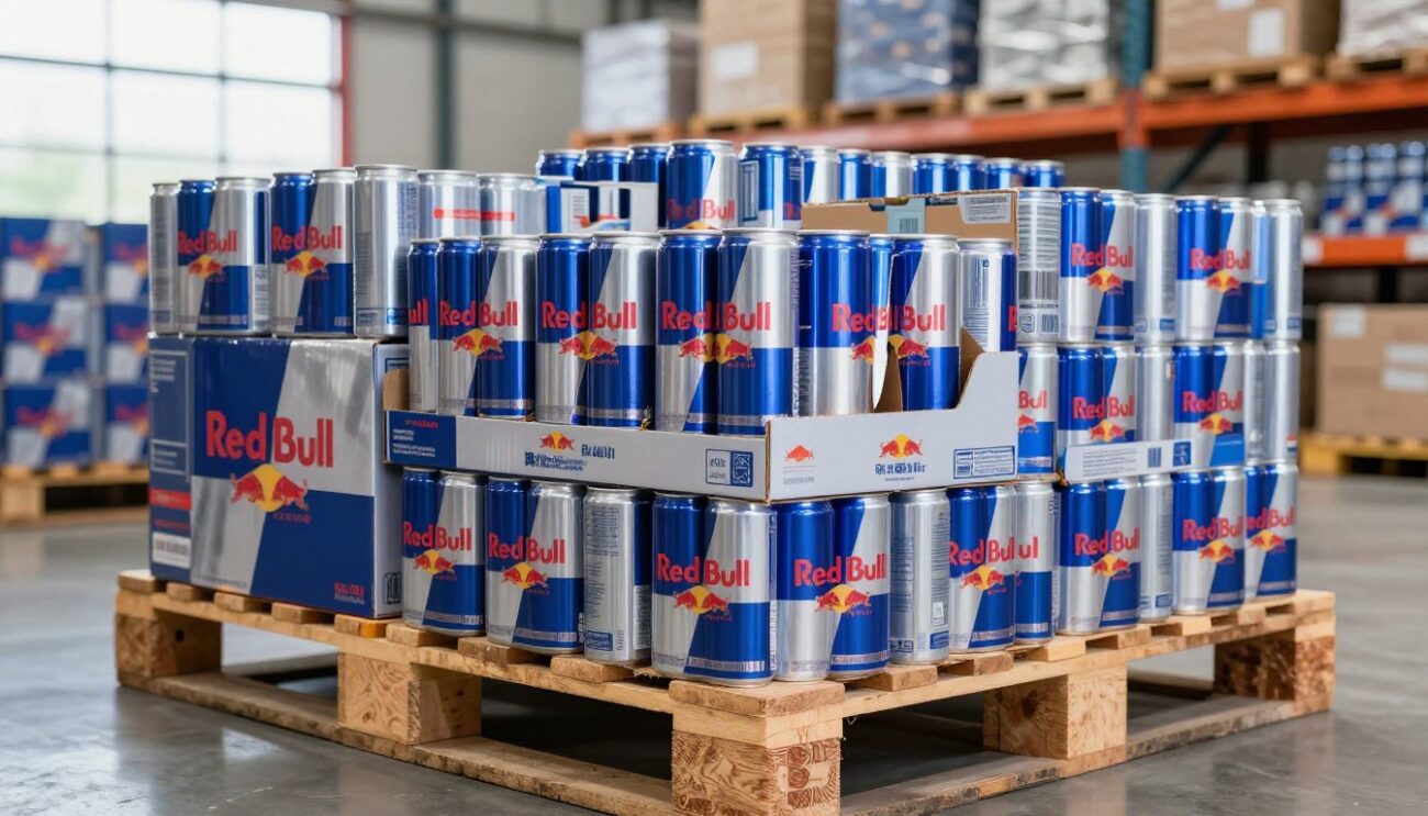 A detailed display of a Red Bull pallet order, featuring neatly arranged cartons stacked on a wooden pallet. The foreground showcases vibrant Red Bull cans in their signature blue and silver packaging, with some cartons partially open, revealing the contents inside. The middle ground includes a warehouse setting, with shelves lined with additional Red Bull stock, highlighting an organized distribution space. The background features a blurred warehouse interior, illuminated by natural lighting streaming through large windows, creating a bright and efficient atmosphere. The angle captures the depth of the pallet arrangement, emphasizing the logistics aspect of beverage distribution. The scene conveys a professional and orderly environment, ideal for importers and distributors involved in beverage supply chains.