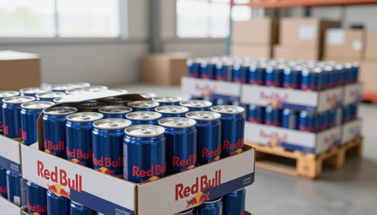 A detailed image of a Red Bull carton containing 24 tins, prominently displayed in the foreground. The carton should be opened slightly, showcasing the vibrant blue and silver cans inside, with the iconic Red Bull logo clearly visible on each can. In the middle ground, arrange additional cartons stacked neatly on a wooden pallet, highlighting the logistics aspect of supply and distribution. The background should feature a well-lit warehouse environment, with soft natural lighting filtering through large windows, creating a professional atmosphere. Use a slightly angled perspective to capture depth and dimension, emphasizing the organization and consistency of stock. The overall scene should convey efficiency and readiness for importers and distributors.