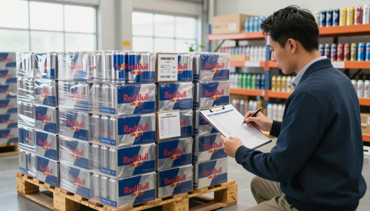 A professional warehouse setting showcasing a large display of Red Bull pallets, each stacked high with boxes containing 24 cans. In the foreground, a business professional in smart casual attire is reviewing documents next to the pallets, symbolizing the payment process. In the middle, clear labels on the boxes highlight the product and quantity, while a nearby clipboard lists payment details referencing TT bank transfers. In the background, a bright, well-lit space features shelves stocked with various energy drinks, enhancing the sense of a bustling supply chain. The atmosphere is focused and efficient, with natural light streaming through large windows, creating a clean and organized look. The camera angle is slightly elevated, capturing the scale of the operation.