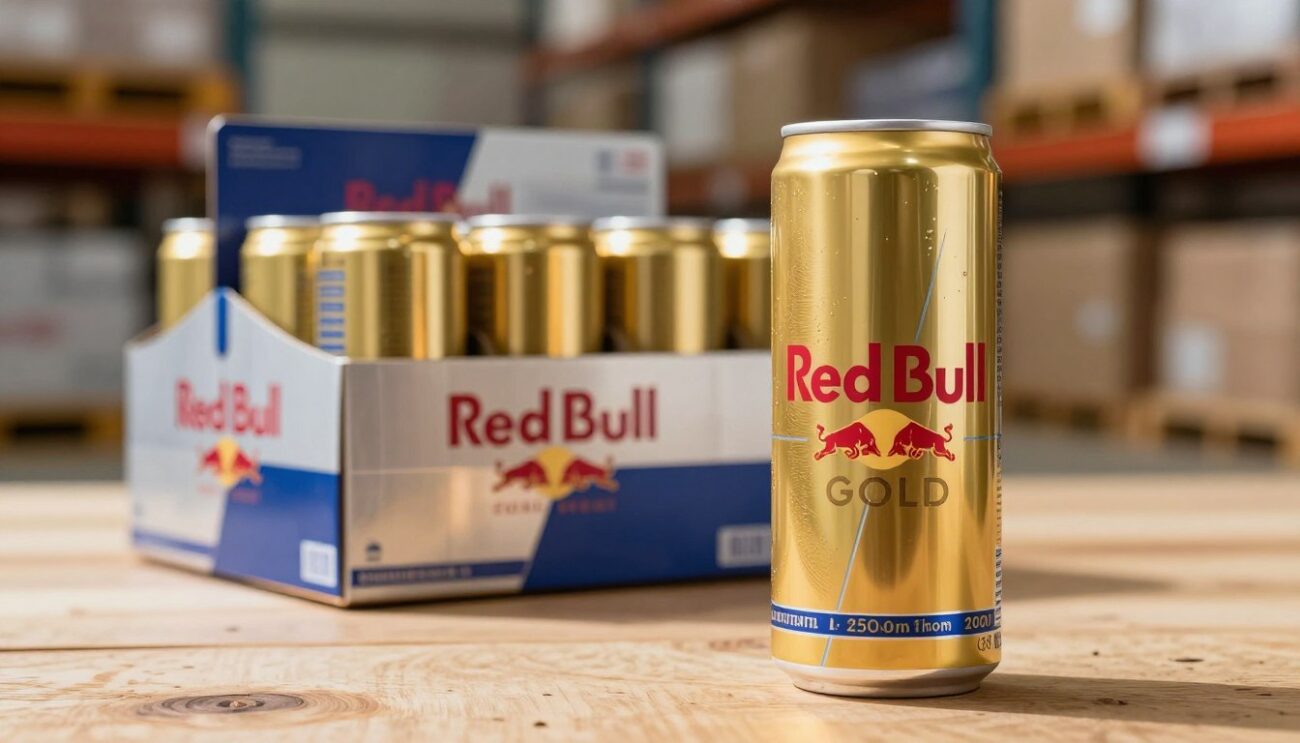 A realistic close-up of a 250ml Red Bull Gold energy drink can, placed prominently in the foreground on a wooden surface. The can should be vibrant, showcasing its distinctive gold color and branding, with the Red Bull logo clearly visible. In the middle ground, a neatly arranged stack of Red Bull cartons, each containing multiple cans, emphasizes a supply theme. In the background, a softly blurred warehouse environment, suggesting an import and distribution setting, with natural lighting casting soft shadows, enhancing the mood of professionalism and business logistics. The overall atmosphere is one of clarity and focus, ideal for an article on beverage supply chains.