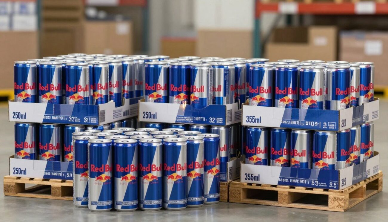 A realistic depiction of a Red Bull beverage display featuring three distinct carton pallets, each showcasing 24 cans of Red Bull in various sizes: 250ml, 325ml, and 355ml. The foreground features a well-organized stack of colorful Red Bull cans with clear labeling, highlighted by soft, even lighting to enhance their glossy finish. In the middle ground, the carton pallets are arranged neatly, showcasing the products from an angled perspective to emphasize depth and variety. The background is a subtly blurred warehouse setting, hinting at a logistical environment. The atmosphere conveys a sense of professionalism and efficiency in product distribution, suitable for importers and distributors. The overall image should maintain a crisp, photorealistic quality.