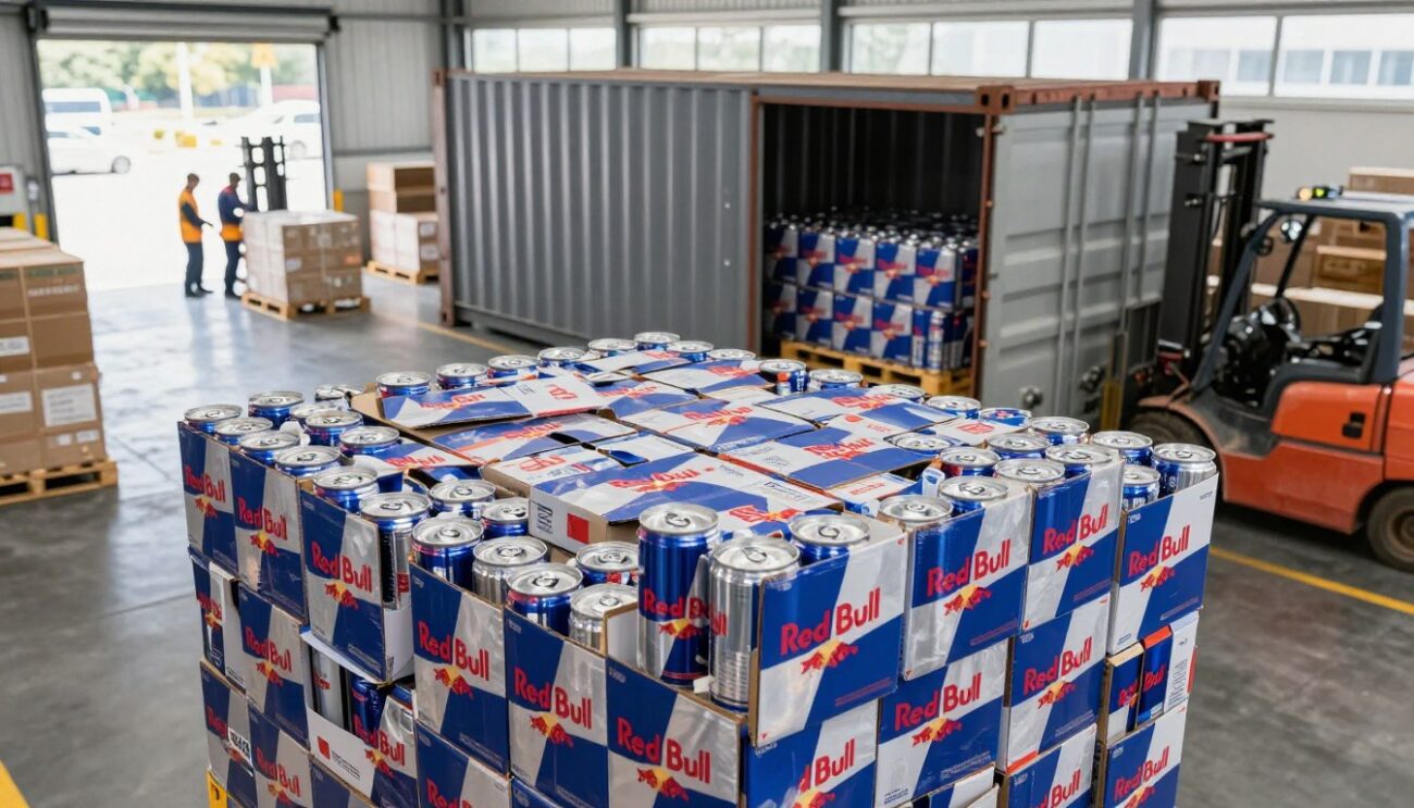 A realistic depiction of a logistics warehouse showcasing a stacked arrangement of Red Bull cans in boxes, specifically highlighting 24-can packaging. In the foreground, a close-up of a neatly organized pallet filled with these boxes, emphasizing the vibrant red and blue colors of the product. The middle ground features a large shipping container, partially open to showcase additional pallets ready for shipment. In the background, a loading dock with a forklift and logistics workers in professional attire, busy loading and unloading cargo. The scene is illuminated by natural daylight filtering through large windows, creating a bright and productive atmosphere, captured from a slightly elevated angle to provide a comprehensive view of the logistics environment.