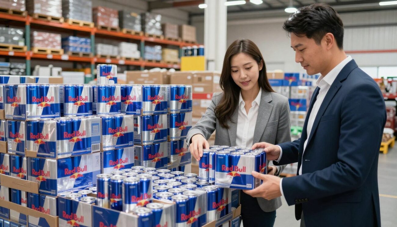 A realistic, vibrant depiction of a warehouse setting featuring bulk supplies of Red Bull energy drinks. In the foreground, two professional business distributors, dressed in smart casual attire, inspect boxes with 24 cans each, showcasing their quality and branding. The middle ground displays neatly stacked pallets filled with Red Bull crates, organized for optimal distribution. The background features a well-lit warehouse environment with shelves of inventory and bright overhead lights creating a lively atmosphere. Use a slightly elevated angle to capture the scale of the warehouse. Emphasize clarity and realism, focusing on the energy drink's distinct color and branding, while maintaining a professional tone throughout the scene.