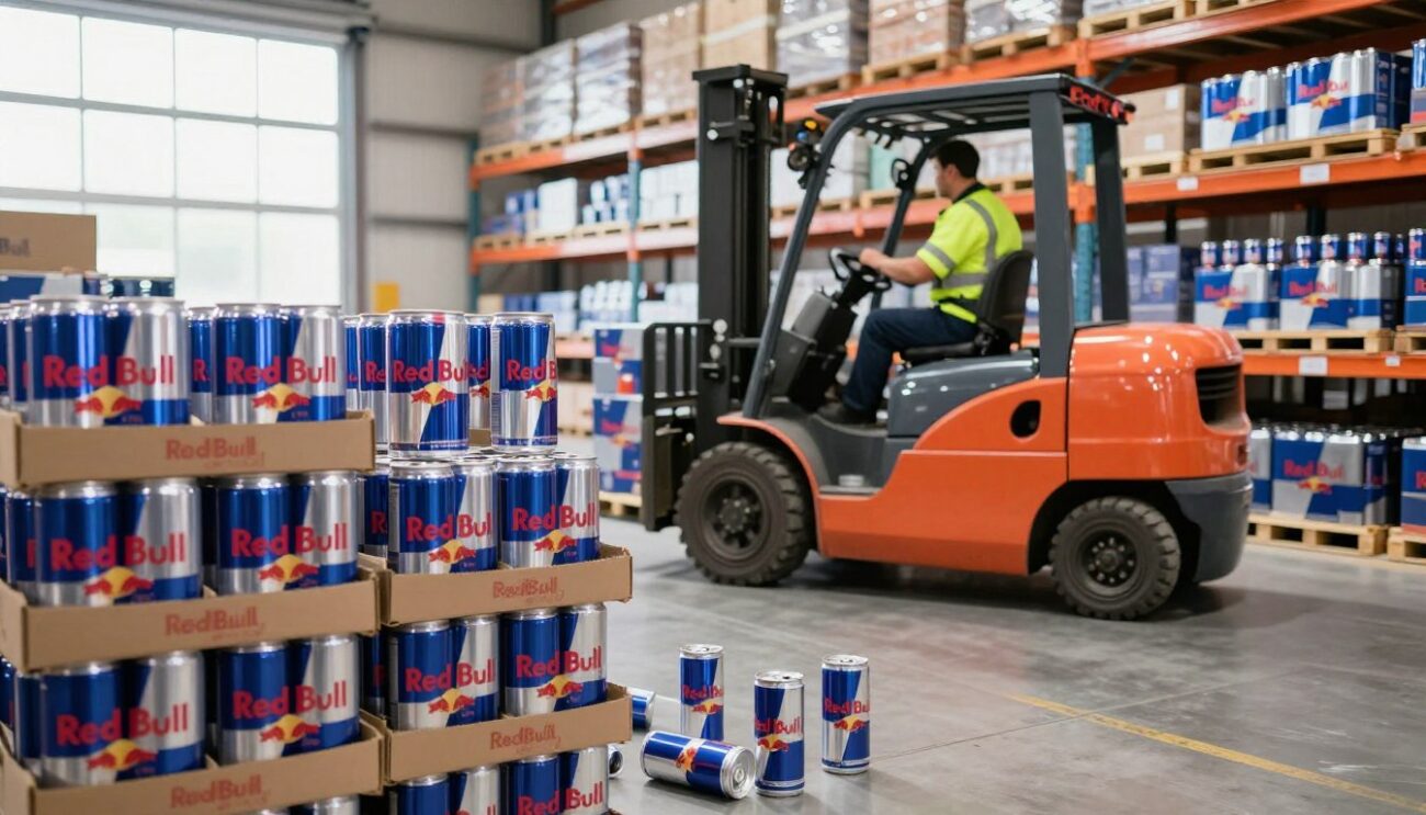 A spacious warehouse interior showcasing a wholesale Red Bull supplier in Europe. In the foreground, stacks of vibrant Red Bull cans, neatly arranged in open cartons, with a few cans spilling out to showcase the product. In the middle ground, a forklift loaded with a pallet of Red Bull cartons is in action, maneuvering through the aisle, operated by a professional worker dressed in smart, safety-approved attire. The background features shelves filled with more cartons, bathed in bright, natural lighting streaming through large windows, creating an energetic and productive atmosphere. The camera angle is slightly low to emphasize the scale of the warehouse and the organized chaos of stock management, evoking a sense of efficiency and professionalism in distribution logistics.