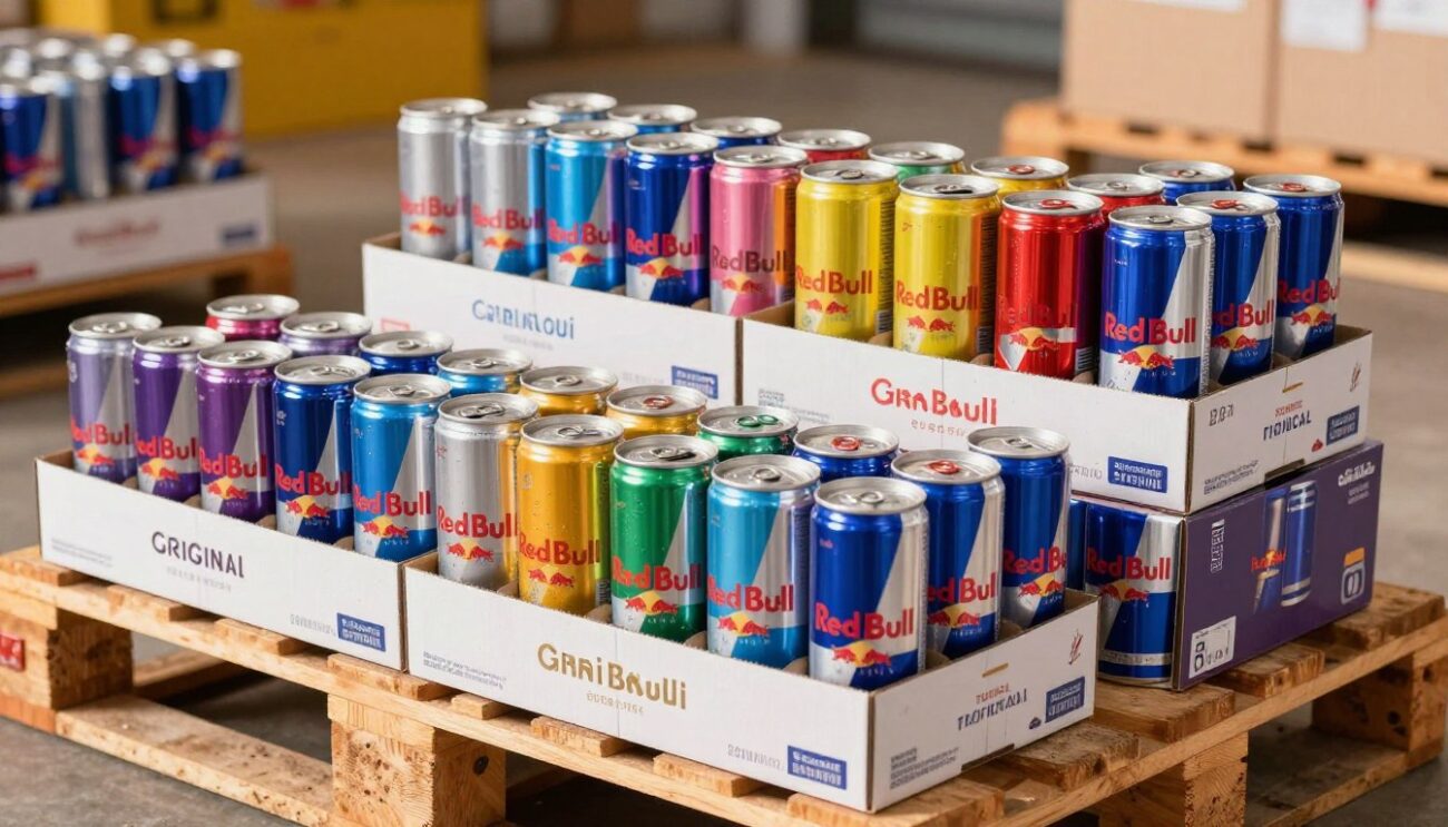 A vibrant and realistic display of various Red Bull energy drink flavors arranged neatly on a wooden pallet. In the foreground, highlight a box of 24 cans, showcasing diverse varieties such as Original, Sugar-Free, Tropical, and Blueberry. The middle showcases additional boxes stacked with different flavors, each can brightly colored and clearly labeled. In the background, slightly blurred, are containers ready for distribution, emphasizing the wholesale aspect. The scene is illuminated by warm, bright lighting, creating an energetic atmosphere that conveys refreshment and vitality. The perspective is slightly elevated, capturing both the details of the cans and the overall setup. Ensure the image is clean and professional, avoiding any distractions or branding elements.