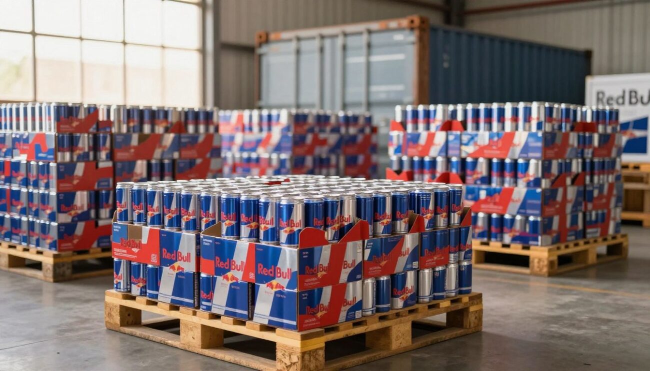 A well-organized warehouse environment showcasing the bulk supply of Red Bull energy drinks on pallets. In the foreground, a neatly arranged pallet of Red Bull boxes, each containing 24 cans, presents a vibrant red and blue color scheme. The middle ground features additional pallets stacked high, accentuating the scale of distribution, while a container can be seen in the background, emphasizing logistics. Natural lighting filters through large warehouse windows, adding a warm glow to the scene. The atmosphere conveys efficiency and professionalism, reflecting a bustling supply chain. The image focuses solely on the drinks and packaging materials, ensuring a clear and engaging visual representation of beverage bulk supply without any text or human figures.