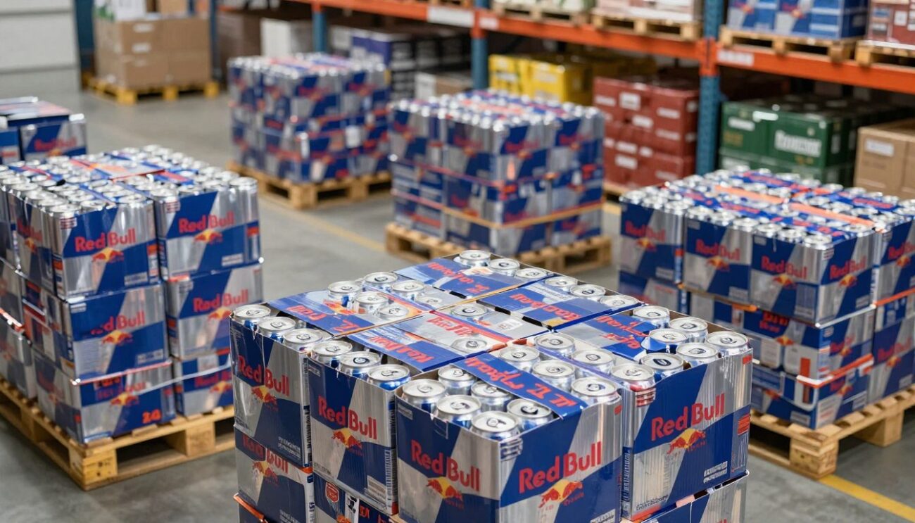 A well-organized warehouse scene featuring stacked Red Bull pallets, each holding vibrant cartons of 24 Red Bull cans, ready for shipping. In the foreground, focus on neatly arranged pallets with a clear view of the Red Bull branding. The middle ground showcases a well-lit loading area with additional pallets, creating a sense of abundance and readiness for distribution. The background includes warehouse shelves stocked with various supplies, hinting at a bustling logistics hub. Soft, diffused lighting enhances the scene, accentuating the shiny aluminum of the Red Bull cans. A slightly elevated angle captures the scale and organization of the setup, conveying a professional and efficient atmosphere, perfect for wholesalers and distributors.