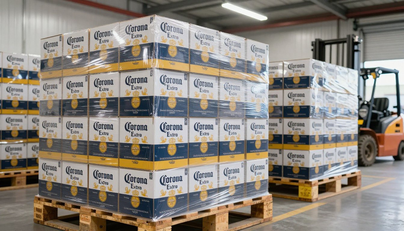 Almacén mayorista de cerveza Corona Extra con pallets listos para exportación a Costa Rica