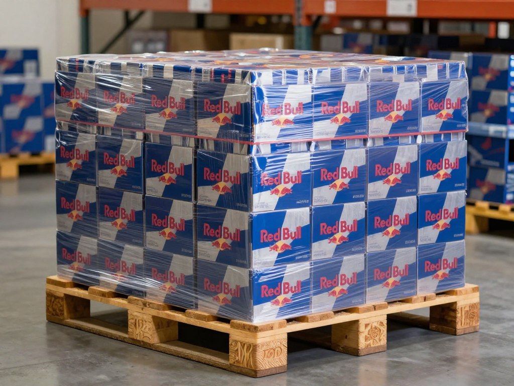 Cajas de Red Bull organizadas en pallet para exportación